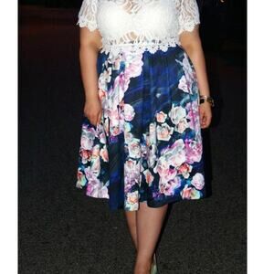 Eloquii Navy Multi Floral Printed Pleated A-Line Midi Skirt Plus 16